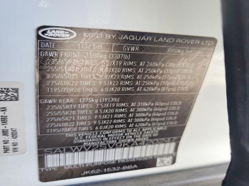 Продаж на аукціоні авто 2019 Land Rover Range Rover Sport, vin: SALWV2SV9KA420247, номер лоту: 66592566