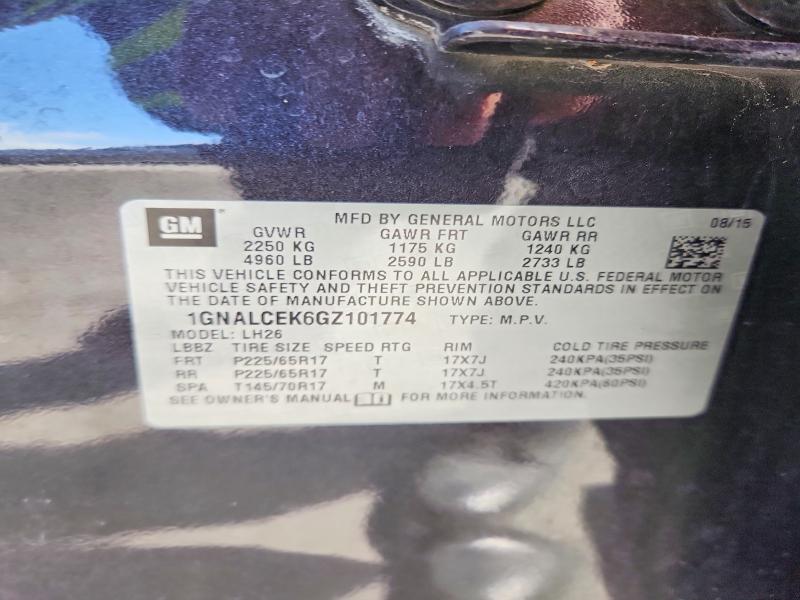 Aukcja sprzedaży 2016 Chevrolet Equinox, vin: 1GNALCEK6GZ101774, numer aukcji: 65381536