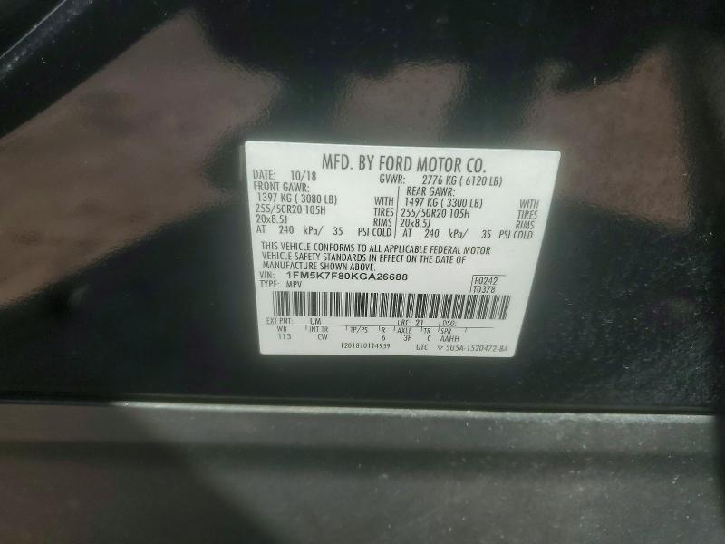65168616 :رقم المزاد ، 1FM5K7F80KGA26688 vin ، 2019 Ford Explorer مزاد بيع