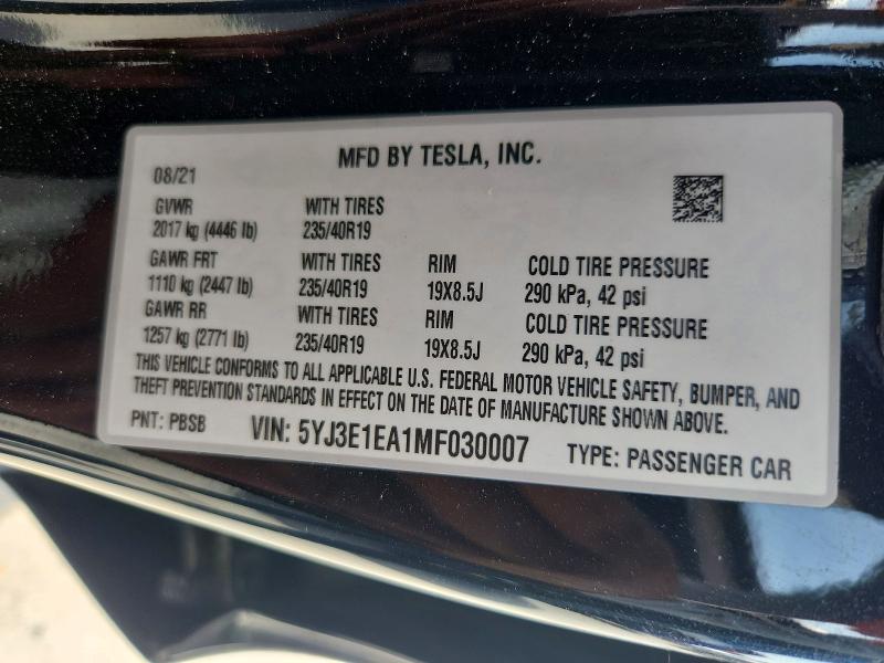 65417376 :رقم المزاد ، 5YJ3E1EA1MF030007 vin ، 2021 Tesla Model 3 مزاد بيع