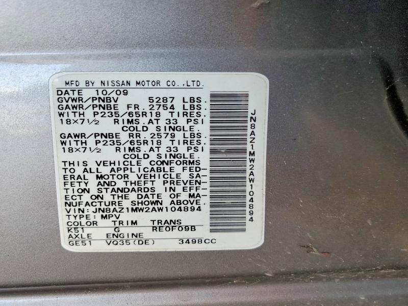 Продажа на аукционе авто 2010 Nissan Murano, vin: JN8AZ1MW2AW104894, номер лота: 61760886