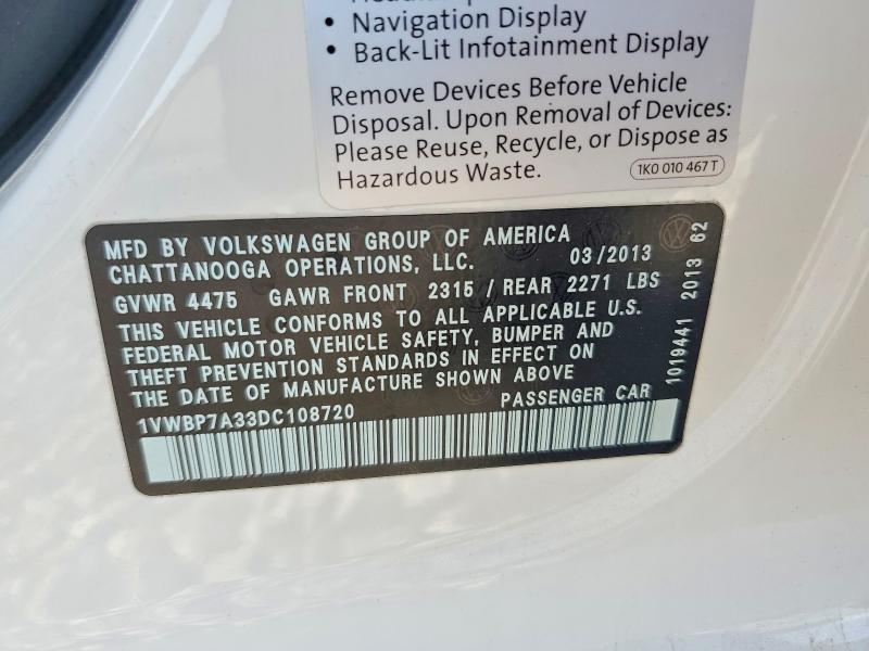 2013 Volkswagen Passat მანქანა იყიდება აუქციონზე, vin: 1VWBP7A33DC108720, აუქციონის ნომერი: 63773136