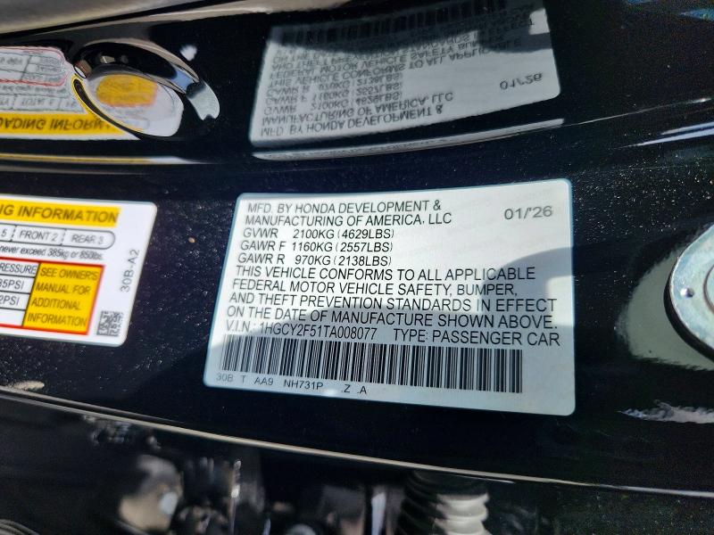 2026 Honda Accord მანქანა იყიდება აუქციონზე, vin: 1HGCY2F51TA008077, აუქციონის ნომერი: 65037976