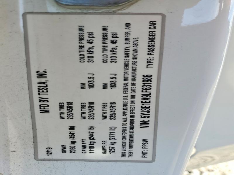 Aukcja sprzedaży 2020 Tesla Model 3, vin: 5YJ3E1EA9LF631986, numer aukcji: 66393516
