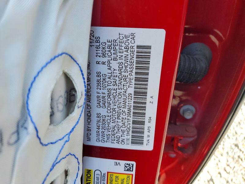 Продаж на аукціоні авто 2021 Honda Accord, vin: 1HGCV1F39MA011229, номер лоту: 66506776