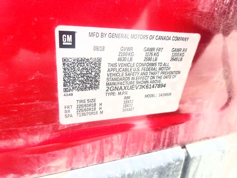 Aukcja sprzedaży 2019 Chevrolet Equinox, vin: 2GNAXUEV3K6147894, numer aukcji: 63713106