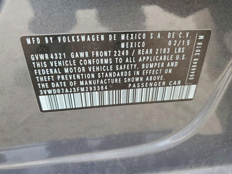 65350086 :رقم المزاد ، 3VWD07AJ3FM293364 vin ، 2015 Volkswagen Jetta مزاد بيع