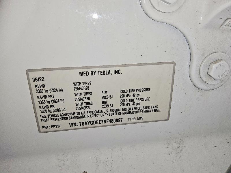 65602186 :رقم المزاد ، 7SAYGDEE7NF480897 vin ، 2022 Tesla Model Y مزاد بيع