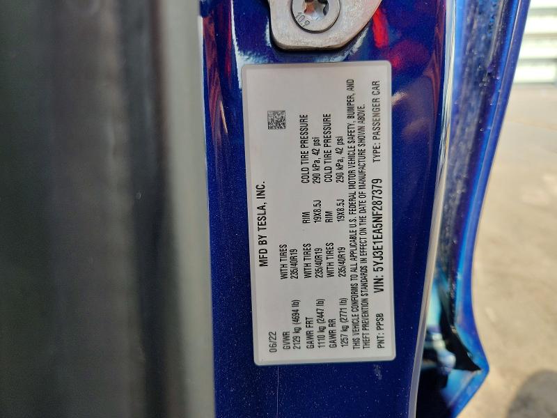 66130206 :رقم المزاد ، 5YJ3E1EA5NF287379 vin ، 2022 Tesla Model 3 مزاد بيع