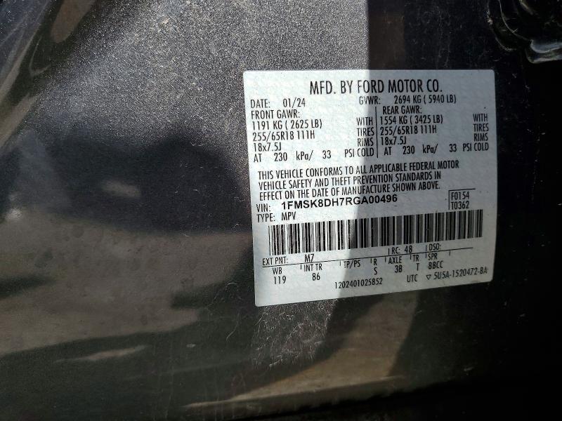 Auction sale of the 2024 Ford Explorer, vin: 1FMSK8DH7RGA00496, lot number: 63310206