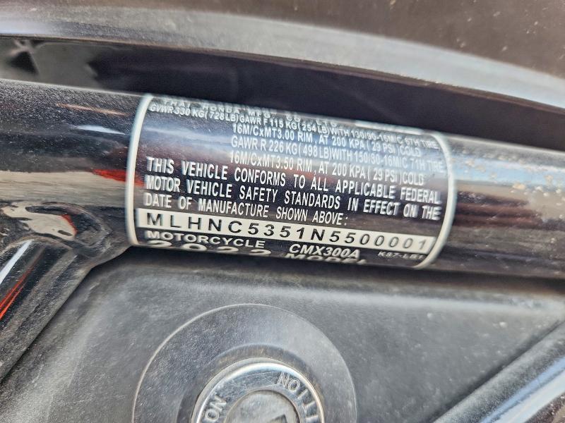 2022 Honda Cmx300 მანქანა იყიდება აუქციონზე, vin: MLHNC5351N5500001, აუქციონის ნომერი: 65316746
