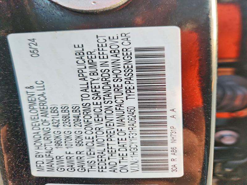 2024 Honda Accord მანქანა იყიდება აუქციონზე, vin: 1HGCY1F31RA062450, აუქციონის ნომერი: 65603226