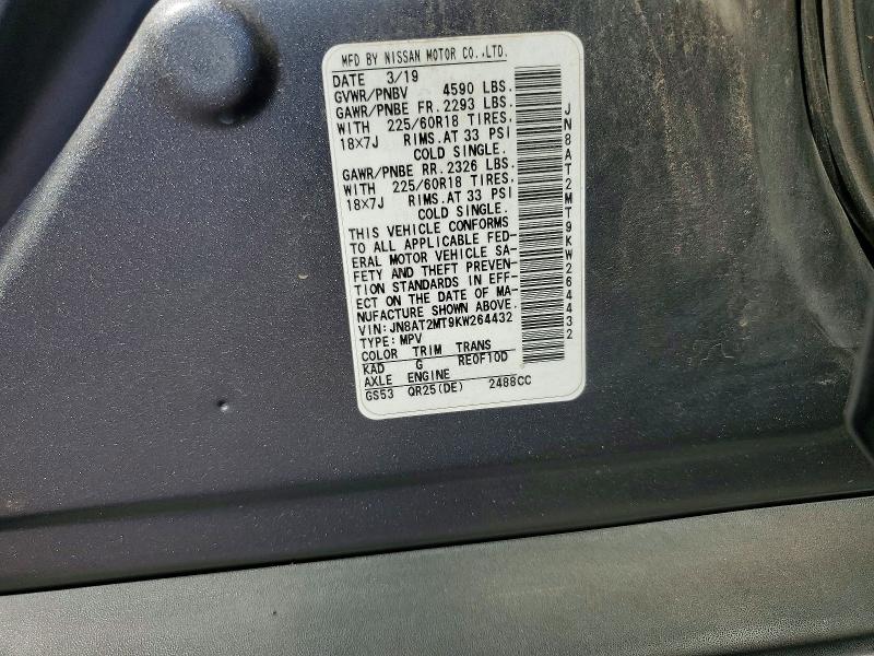 64096476 :رقم المزاد ، JN8AT2MT9KW264432 vin ، 2019 Nissan Rogue مزاد بيع