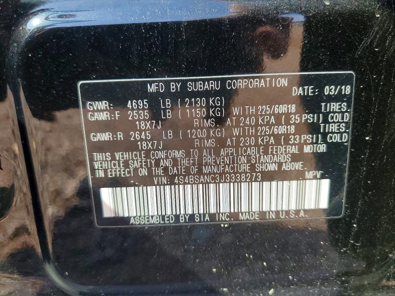 63923166 :رقم المزاد ، 4S4BSANC3J3338273 vin ، 2018 Subaru Outback مزاد بيع