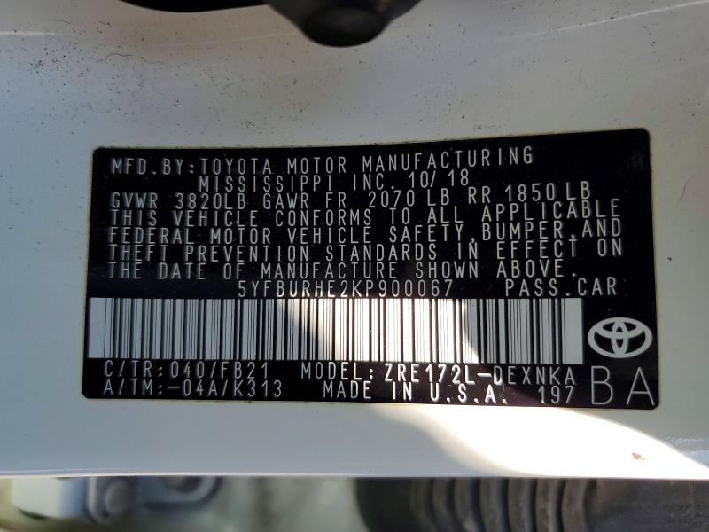 2019 Toyota Corolla მანქანა იყიდება აუქციონზე, vin: 5YFBURHE2KP900067, აუქციონის ნომერი: 63519156