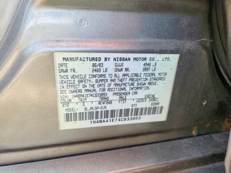 64978946 :رقم المزاد ، 1N4BA41E74C833893 vin ، 2004 Nissan Maxima مزاد بيع
