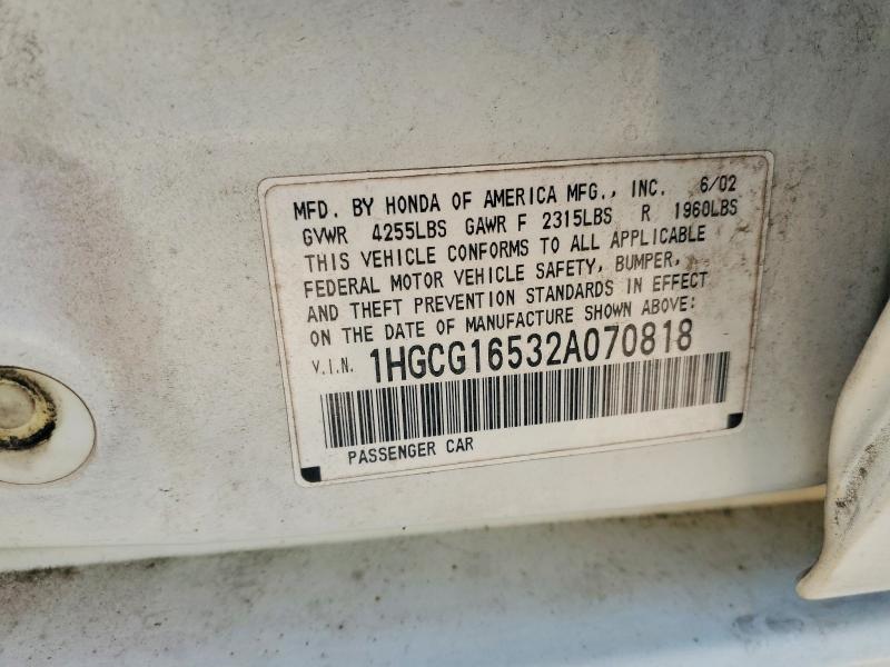 Aukcja sprzedaży 2002 Honda Accord, vin: 1HGCG16532A070818, numer aukcji: 62716076