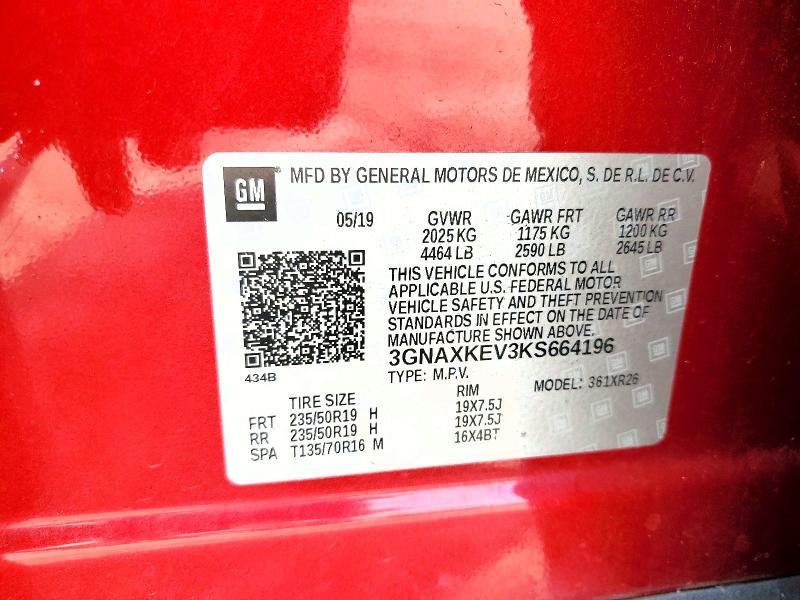 Auction sale of the 2019 Chevrolet Equinox, vin: 3GNAXKEV3KS664196, lot number: 66751226