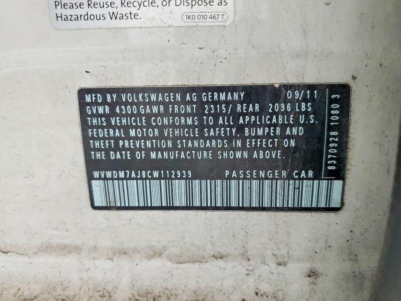 Aukcja sprzedaży 2012 Volkswagen Golf, vin: WVWDM7AJ8CW112939, numer aukcji: 65549626