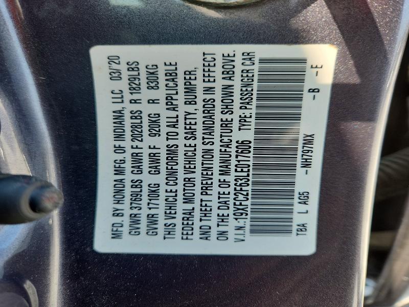 2020 Honda Civic მანქანა იყიდება აუქციონზე, vin: 19XFC2F63LE017606, აუქციონის ნომერი: 64742086