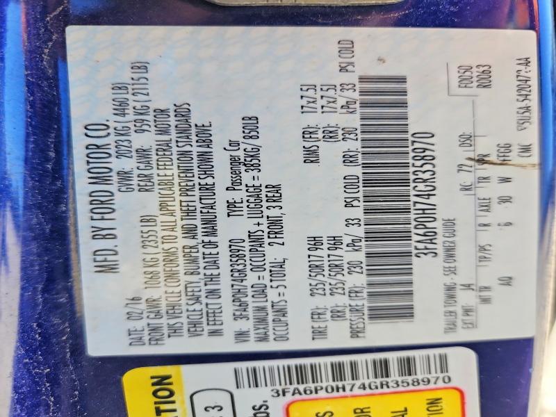 2016 Ford Fusion მანქანა იყიდება აუქციონზე, vin: 3FA6P0H74GR358970, აუქციონის ნომერი: 63948126
