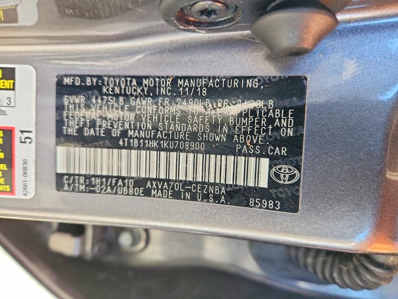 2019 Toyota Camry მანქანა იყიდება აუქციონზე, vin: 4T1B11HK1KU708900, აუქციონის ნომერი: 65230516