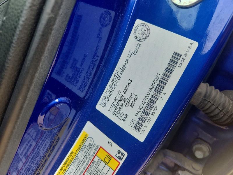 2022 Honda Accord მანქანა იყიდება აუქციონზე, vin: 1HGCV2F3XNA800321, აუქციონის ნომერი: 64083236