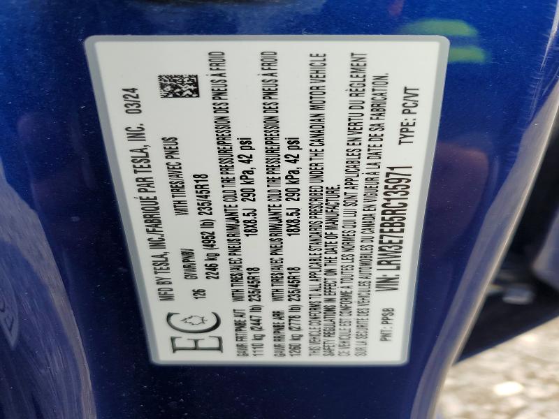63576026 :رقم المزاد ، LRW3E7EB5RC135971 vin ، 2024 Tesla Model 3 مزاد بيع