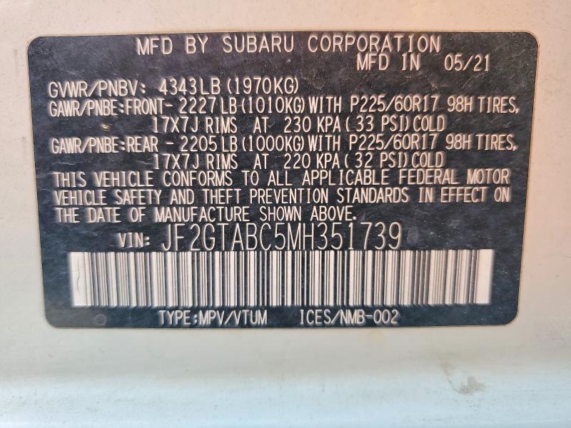 Aukcja sprzedaży 2021 Subaru Crosstrek, vin: JF2GTABC5MH351739, numer aukcji: 63852736