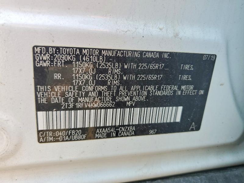 2019 Toyota Rav4 მანქანა იყიდება აუქციონზე, vin: 2T3F1RFV4KW066662, აუქციონის ნომერი: 64405926