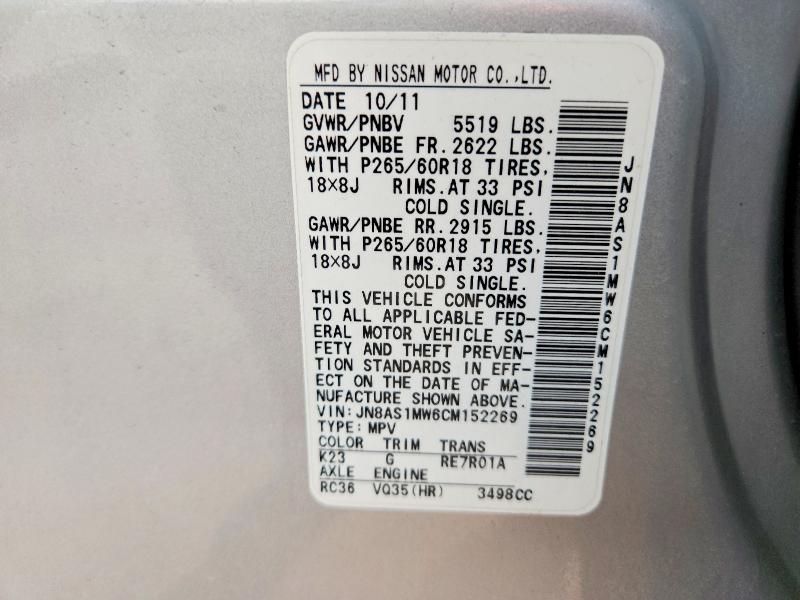 64481206 :رقم المزاد ، JN8AS1MW6CM152269 vin ، 2012 Infiniti Fx35 مزاد بيع