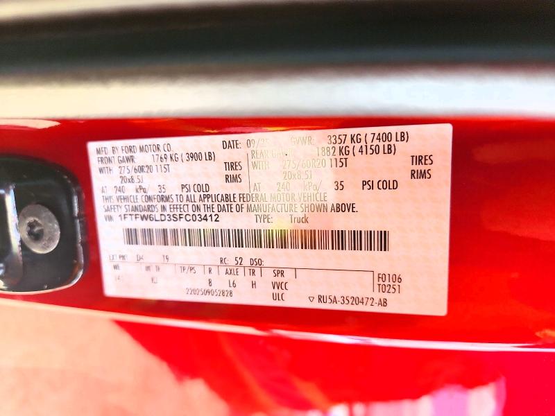 2025 Ford F150 მანქანა იყიდება აუქციონზე, vin: 1FTFW6LD3SFC03412, აუქციონის ნომერი: 64411286