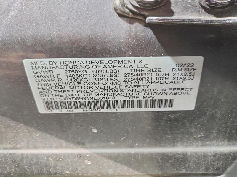 2022 Acura Mdx მანქანა იყიდება აუქციონზე, vin: 5J8YD8H81NL001018, აუქციონის ნომერი: 64640576