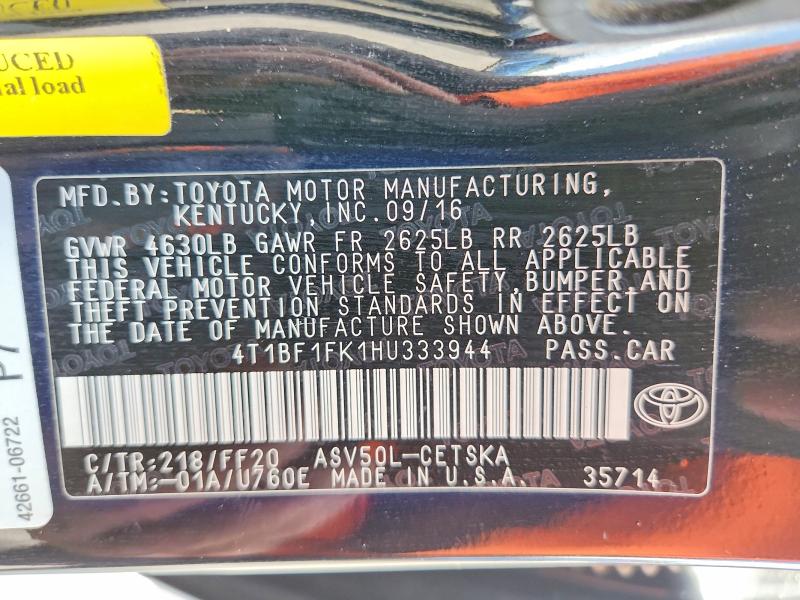 2017 Toyota Camry მანქანა იყიდება აუქციონზე, vin: 4T1BF1FK1HU333944, აუქციონის ნომერი: 65200516