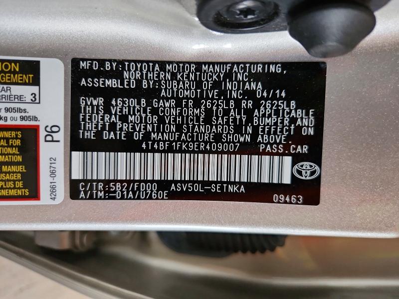 2014 Toyota Camry მანქანა იყიდება აუქციონზე, vin: 4T4BF1FK9ER409007, აუქციონის ნომერი: 62530256