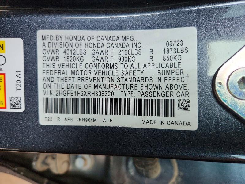 2024 Honda Civic მანქანა იყიდება აუქციონზე, vin: 2HGFE1F9XRH306320, აუქციონის ნომერი: 64160506