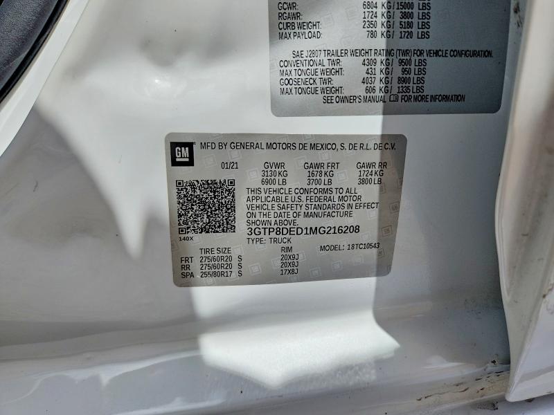 Aukcja sprzedaży 2021 Gmc Sierra, vin: 3GTP8DED1MG216208, numer aukcji: 66137766