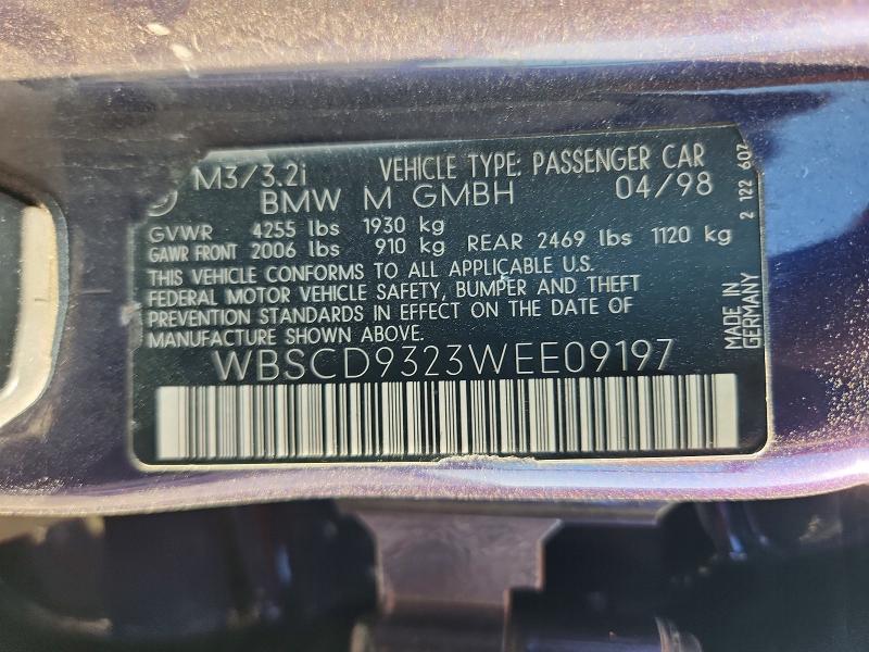 1998 Bmw M3 მანქანა იყიდება აუქციონზე, vin: WBSCD9323WEE09197, აუქციონის ნომერი: 64817496