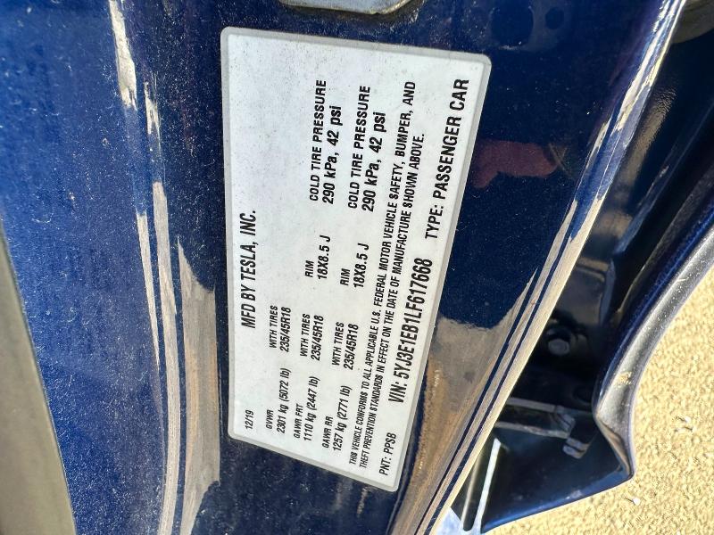 64461726 :رقم المزاد ، 5YJ3E1EB1LF617668 vin ، 2020 Tesla Model 3 مزاد بيع