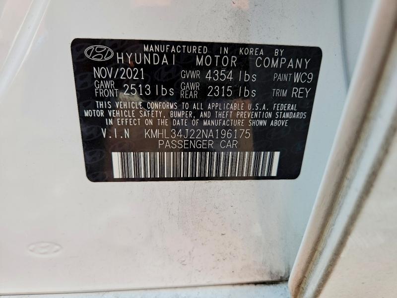 2022 Hyundai Sonata მანქანა იყიდება აუქციონზე, vin: KMHL34J22NA196175, აუქციონის ნომერი: 66596076
