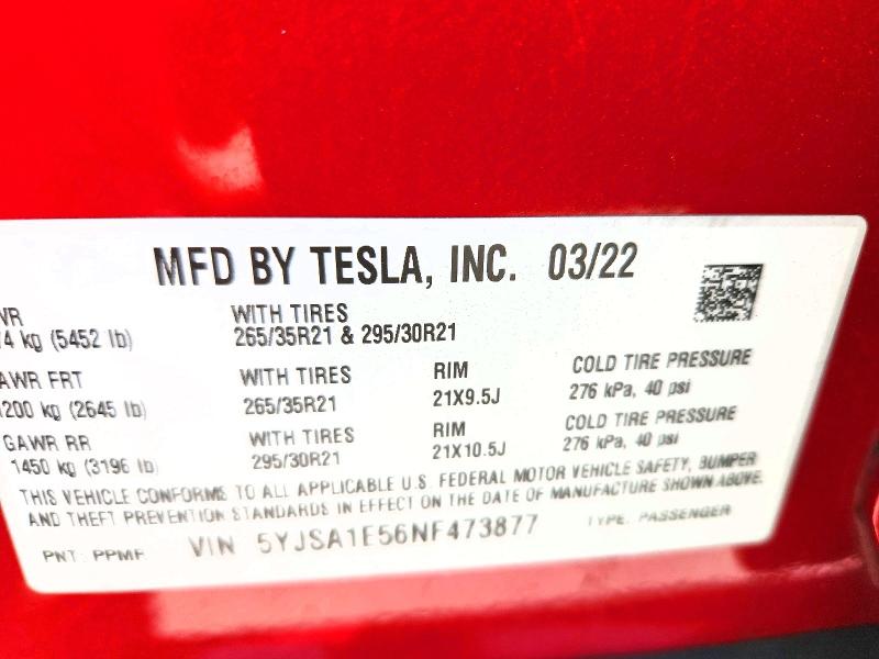 Aukcja sprzedaży 2022 Tesla Model S, vin: 5YJSA1E56NF473877, numer aukcji: 65596766