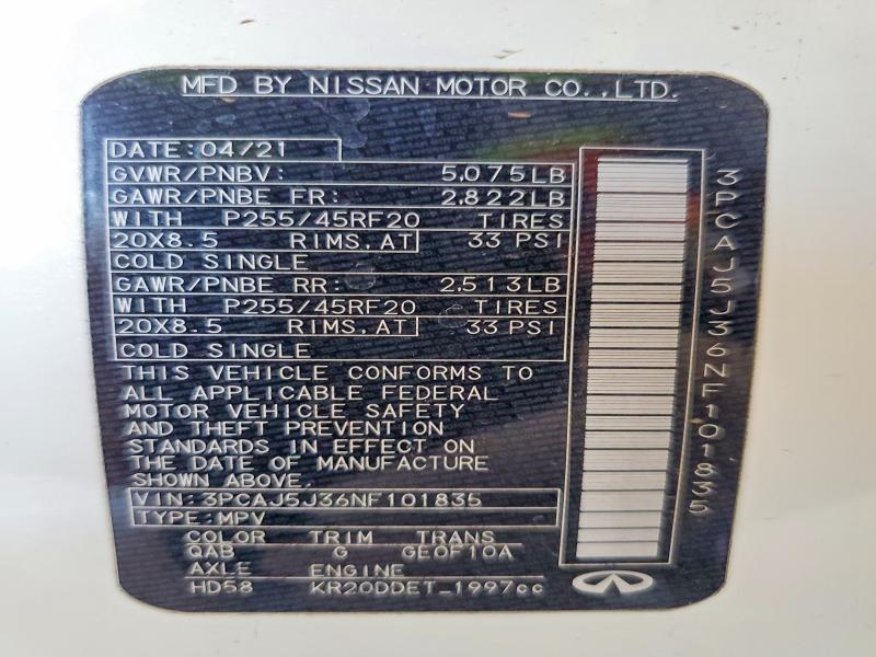 66236006 :رقم المزاد ، 3PCAJ5J36NF101835 vin ، 2022 Infiniti Qx55 مزاد بيع