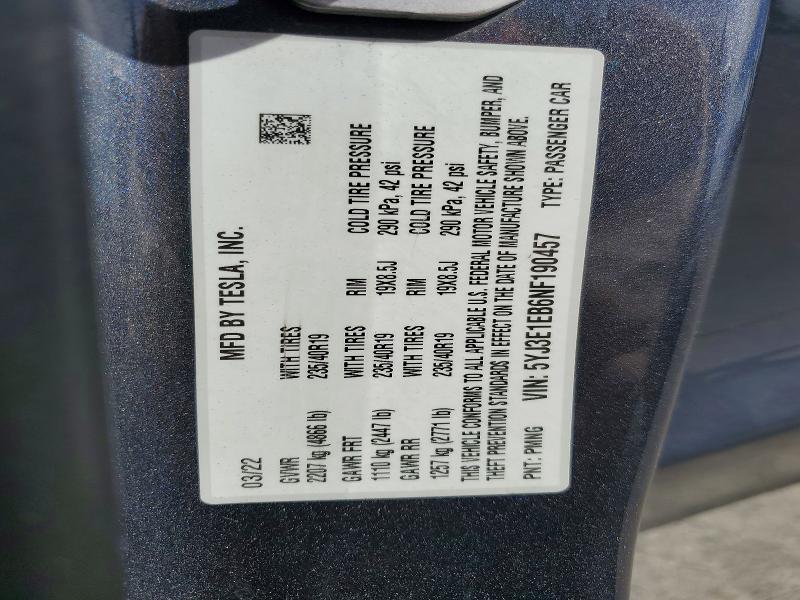 Aukcja sprzedaży 2022 Tesla Model 3, vin: 5YJ3E1EB6NF190457, numer aukcji: 66623106
