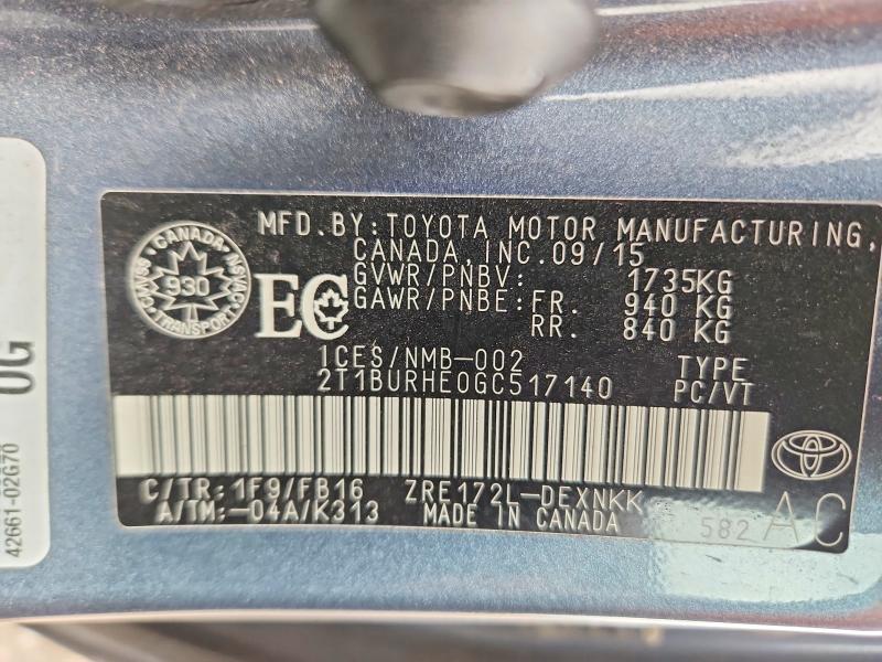 63765296 :رقم المزاد ، 2T1BURHE0GC517140 vin ، 2016 Toyota Corolla مزاد بيع