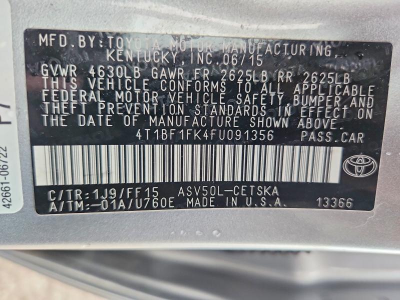 2015 Toyota Camry მანქანა იყიდება აუქციონზე, vin: 4T1BF1FK4FU091356, აუქციონის ნომერი: 65015196