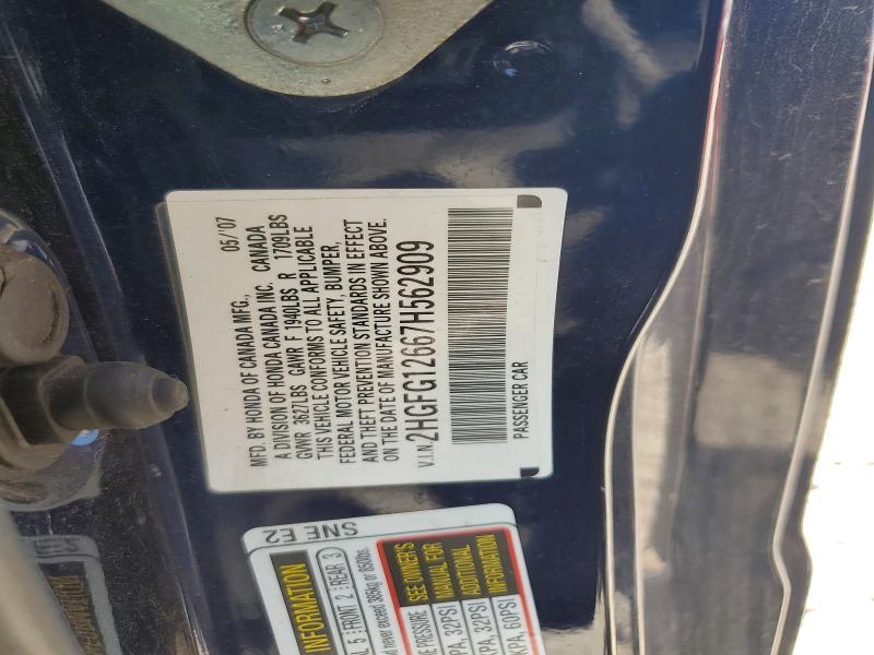 Aukcja sprzedaży 2007 Honda Civic, vin: 2HGFG12667H562909, numer aukcji: 63807086