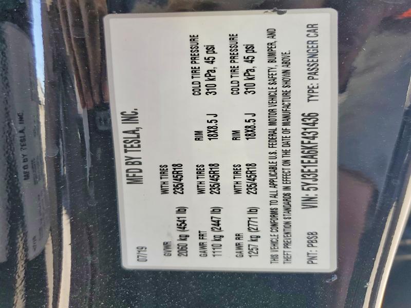 65761336 :رقم المزاد ، 5YJ3E1EA6KF431436 vin ، 2019 Tesla Model 3 مزاد بيع