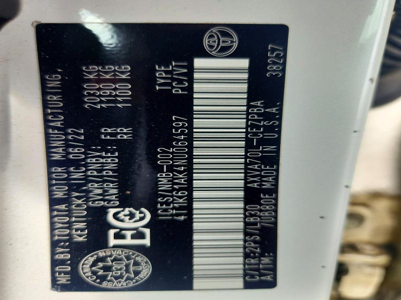 2022 Toyota Camry მანქანა იყიდება აუქციონზე, vin: 4T1K61AK4NU064597, აუქციონის ნომერი: 65333076