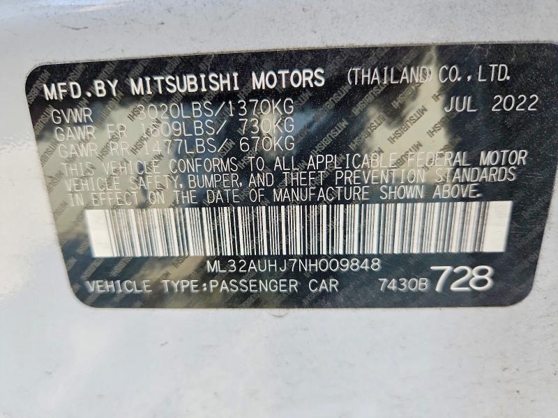 64130886 :رقم المزاد ، ML32AUHJ7NH009848 vin ، 2022 Mitsubishi Mirage مزاد بيع