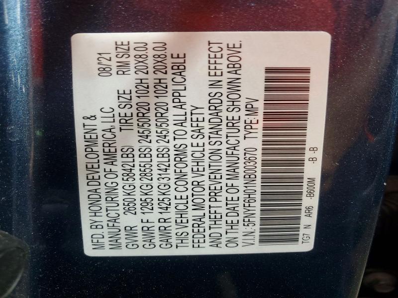 2022 Honda Pilot მანქანა იყიდება აუქციონზე, vin: 5FNYF6H01NB003670, აუქციონის ნომერი: 65171096